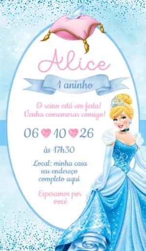 Convite de Aniversário Cinderela Princesa | Modelo Digital Editável