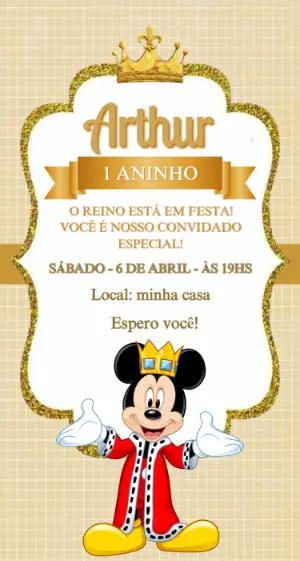 Convite de Aniversário Mickey Realeza Dourado Editável