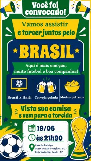Convite Festa do Futebol Brasil Verde e Amarelo Editável