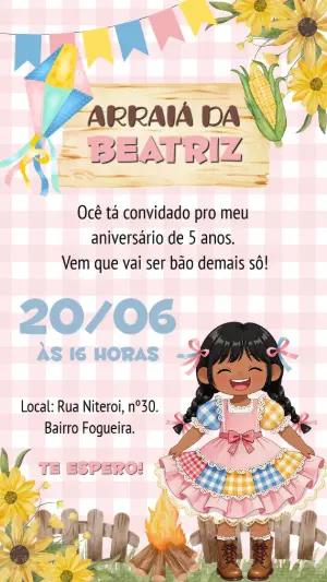 Convite de Aniversário Festa Junina Menina Rosa Editável