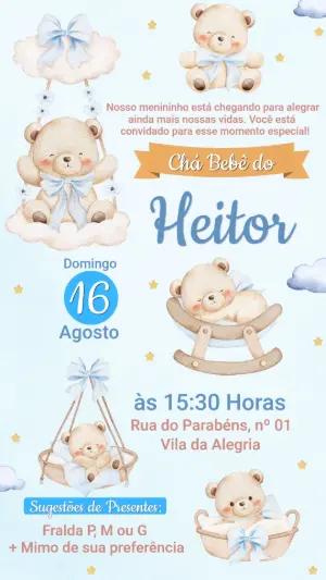 Convite Digital Chá de Bebê Menino Ursinho Editável