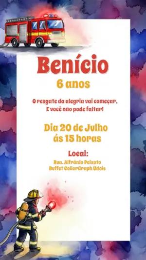 Convite de Aniversário Bombeiro Aquarela para Editar Online