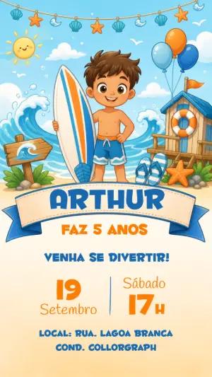 Convite de Aniversário Surfista: Modelo Digital para Editar