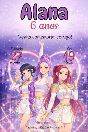 Convite de Aniversário K-pop Anime Estilo Mangá Editável