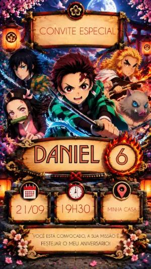 Convite de Aniversário Demon Slayer Editável com Tanjiro e Amigos