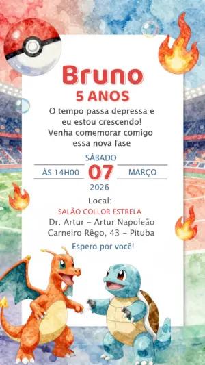 Convite de Aniversário Pokémon Aquarela Editável com Personagens