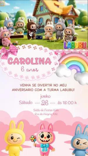 Vídeo Convite de Aniversário Labubu Rosa para Editar