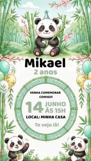 Convite Digital Aniversário Panda Fofo Aquarela para Editar