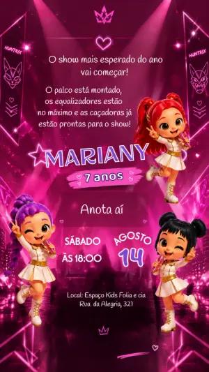 Convite de Aniversário Huntrix Estilo K-Pop Neon Editável