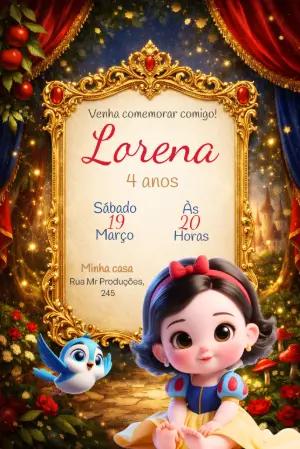 Convite de Aniversário Branca de Neve Fofa para Editar