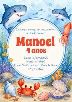 Convite de Aniversário Fundo do Mar com Tubarão Editável