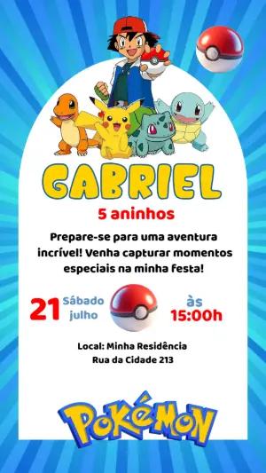 Convite Animado de Aniversário Pokémon com Ash e Pikachu Editável
