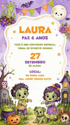 Convite de Aniversário Zumbis Baby Editável para Menina