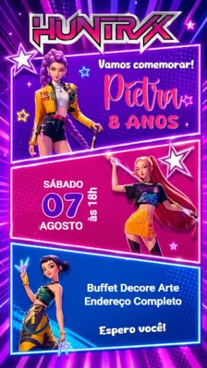 Convite de Aniversário Guerreiras do K-pop Neon para Editar