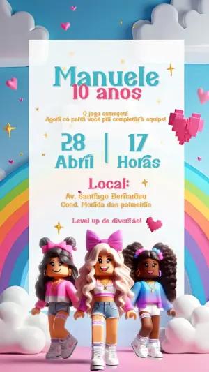 Convite Aniversário Roblox Menina com Personagens para Editar