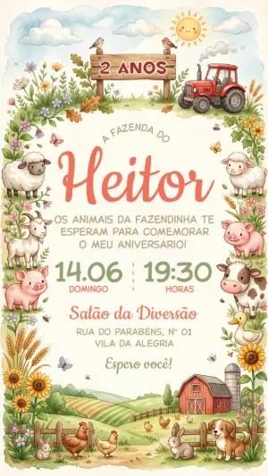 Convite Digital Aniversário Fazendinha Menino Aquarela Editável