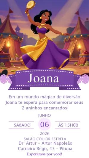 Convite Aniversário Princesa Dançarina Roxo e Dourado Editável