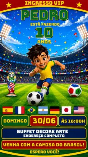 Convite Ingresso VIP de Aniversário Futebol Copa Editável