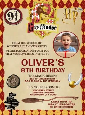 Gryffindor Wizard Birthday Invitation with Photo - Editable Template
