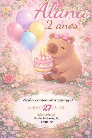 Convite Digital Aniversário Capivara Rosa Floral Editável