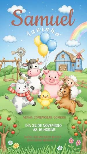 Convite Aniversário Fazendinha com Animais para Editar Online