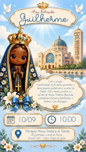 Convite de Batizado Nossa Senhora Aparecida Azul para Editar