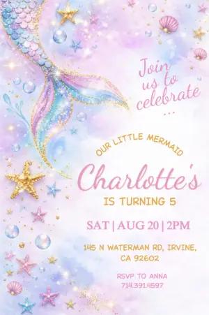 Editable Mermaid Birthday Invitation with Glitter & Watercolor