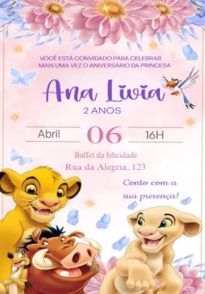 Convite Aniversário Rei Leão com Nala e Simba para Editar Online