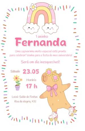 Convite Aniversário Capivara Fofa e Arco-íris para Editar