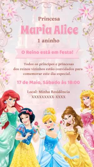 Convite Aniversário Princesas Disney para Editar Online