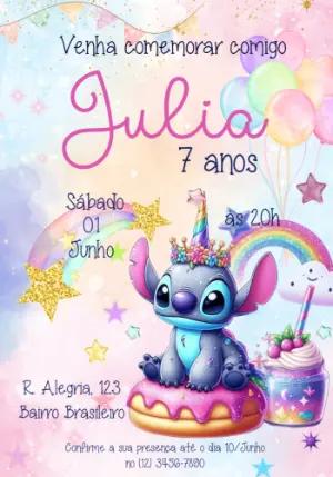 Convite de Aniversário Stitch Unicórnio para Editar Online