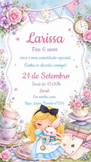 Convite Aniversário Alice no País das Maravilhas Aquarela Editável