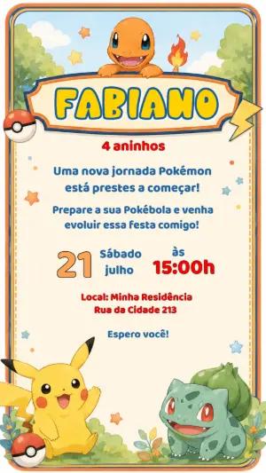 Convite Digital Pokémon Editável: Pikachu, Charmander e Bulbasaur