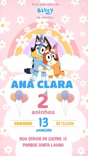 Convite Digital Aniversário Bluey Fofo e Rosa Editável