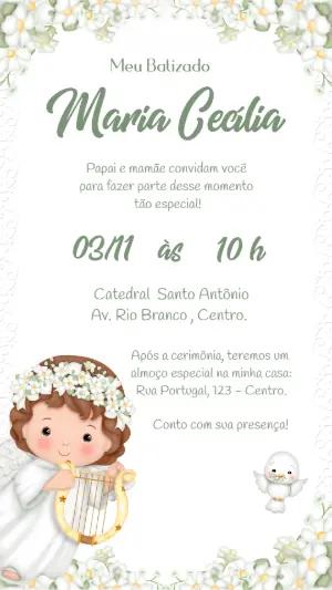 Convite de Batizado Anjinha Delicado Floral para Editar