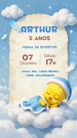Convite de Aniversário Piu-Piu Fofo nas Nuvens Editável