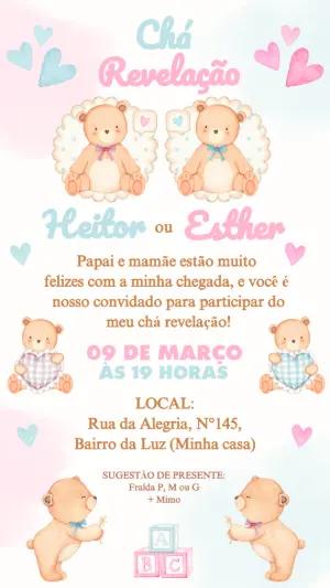 Convite Chá Revelação Ursinhos Aquarela Editável