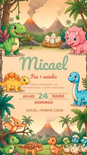 Convite de Aniversário Dinossauro Baby Fofo para Editar