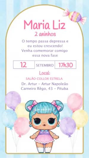 Convite Digital Aniversário Menina Boneca e Balões para Editar