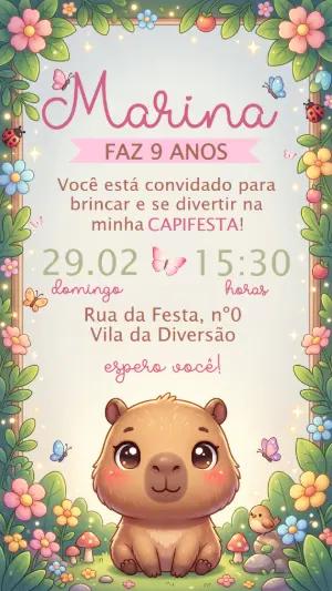Convite de Aniversário Capivara Fofa Modelo Editável