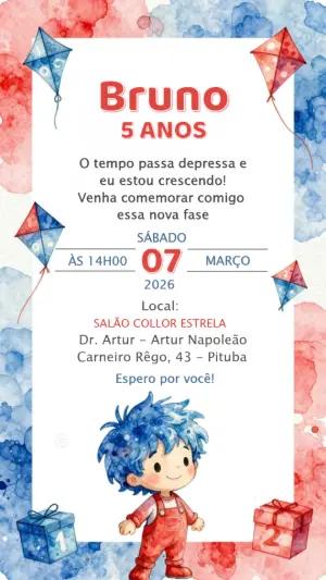 Convite Aniversário Menino Aquarela e Pipas para Editar