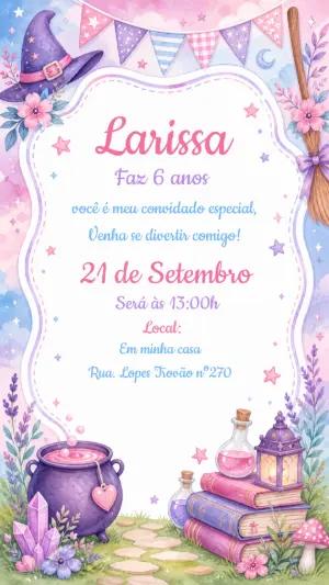 Convite de Aniversário Bruxinha Aquarela para Editar
