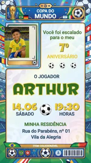 Convite de Aniversário Futebol Copa do Mundo com Foto Editável
