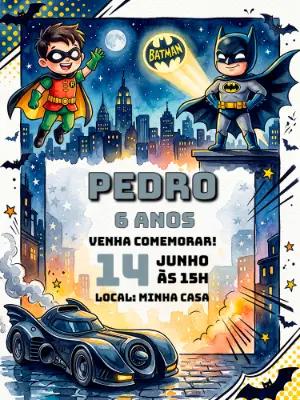 Convite de Aniversário Batman e Robin Aquarela Editável