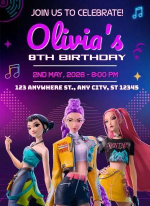 Editable Demon Hunter K-Pop Gamer Girl Birthday Invitation Template