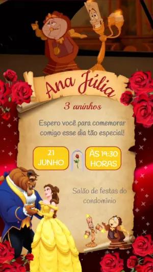 Vídeo Convite Animado A Bela e a Fera para Aniversário Editável