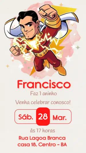 Convite de Aniversário Shazam Editável com Ilustração de Herói