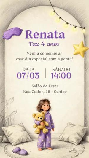 Convite de Aniversário Festa do Pijama Fofa para Editar