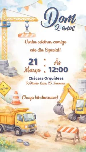 Convite de Aniversário Tema Construção Editável com Trator