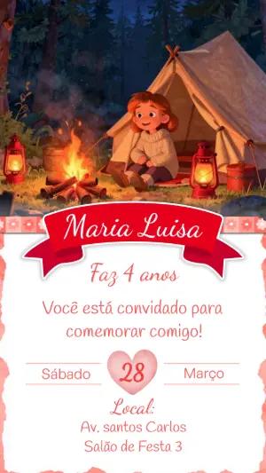 Convite de Aniversário Infantil Acampamento Noturno Editável
